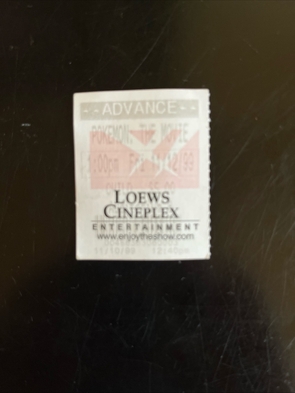 Vintage 99 VERY RARE Ticket Stub to the First Pokemon Movie  Friday 11/12/99